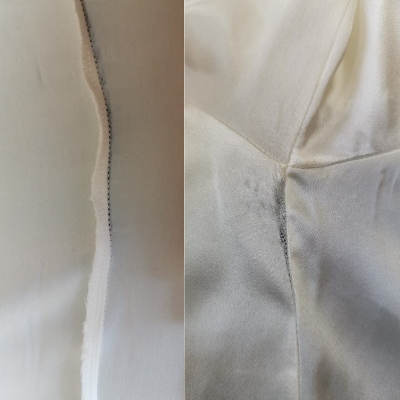 Новый комплект шелкового белья. Разрушение (роспуск) ткацкого плетения материала вдоль боковых швов.